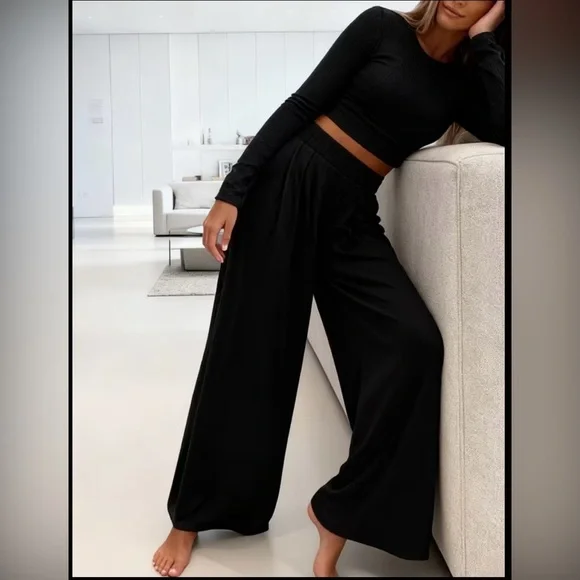 Elegant Black 2 Piece Outfit Long Sleeve, High Wait Wide Leg Pants - Picture 3 of 8